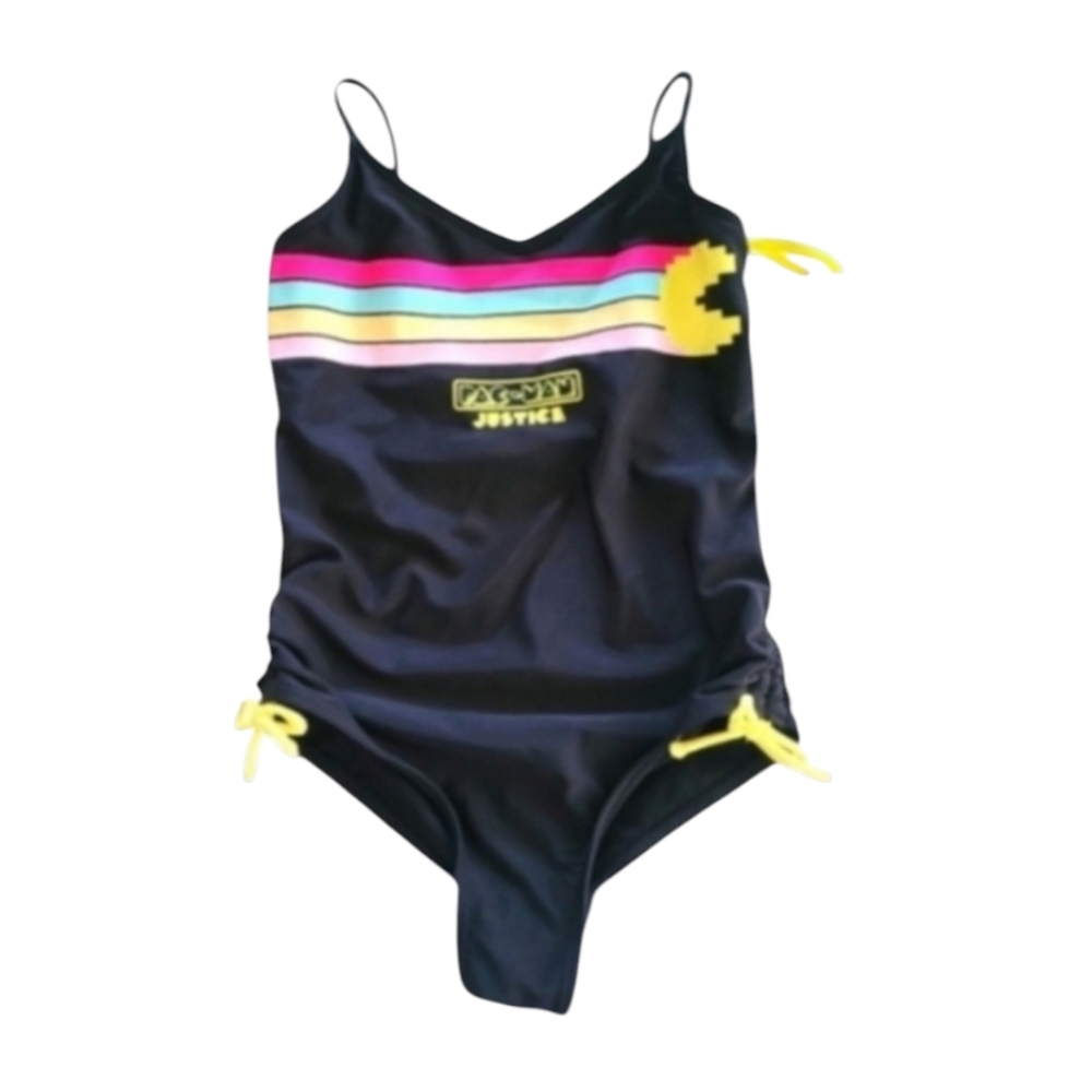 Justice Pac Man Black and Pink Striped 80s Retro Swimsuit Size Small Girls